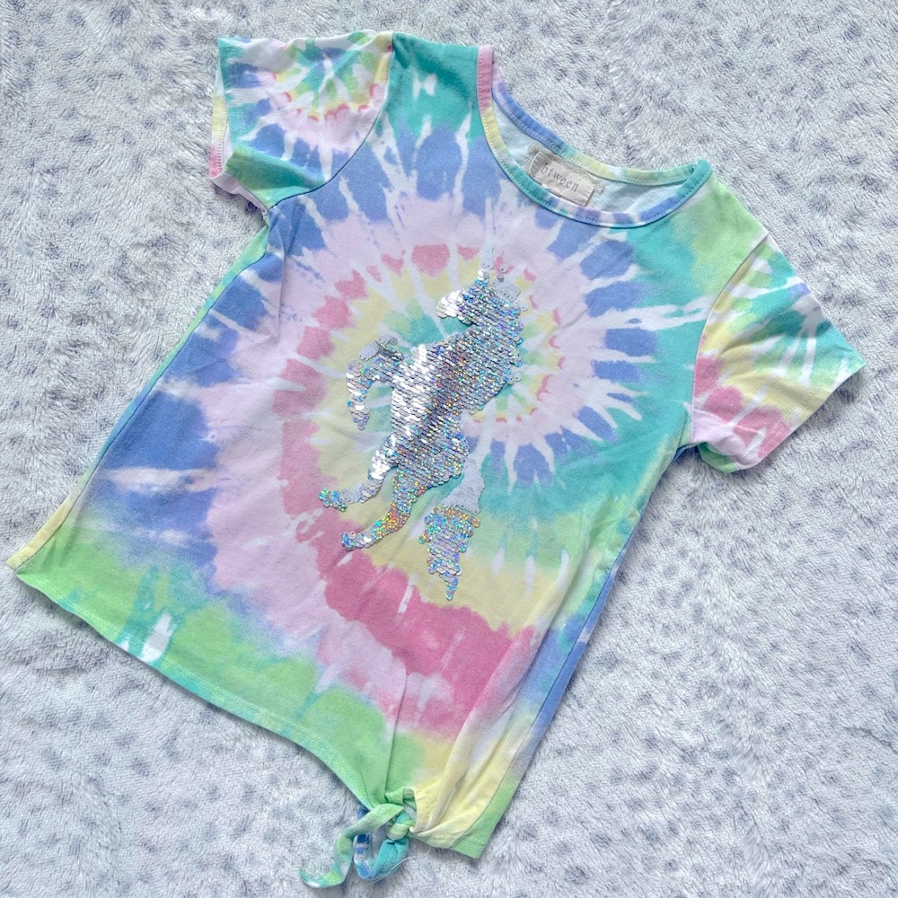 Btween Girls Size 7 Flip -Sequin Tye Dye Unicorn Shirt